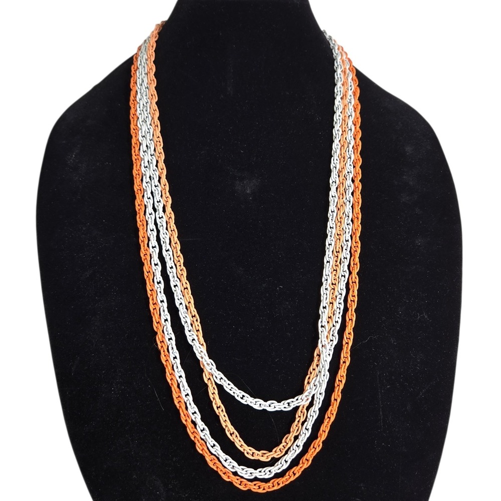 Crown Trifari Multi MCM Glam Multi Strand Peach Orange White Long Necklace 30"